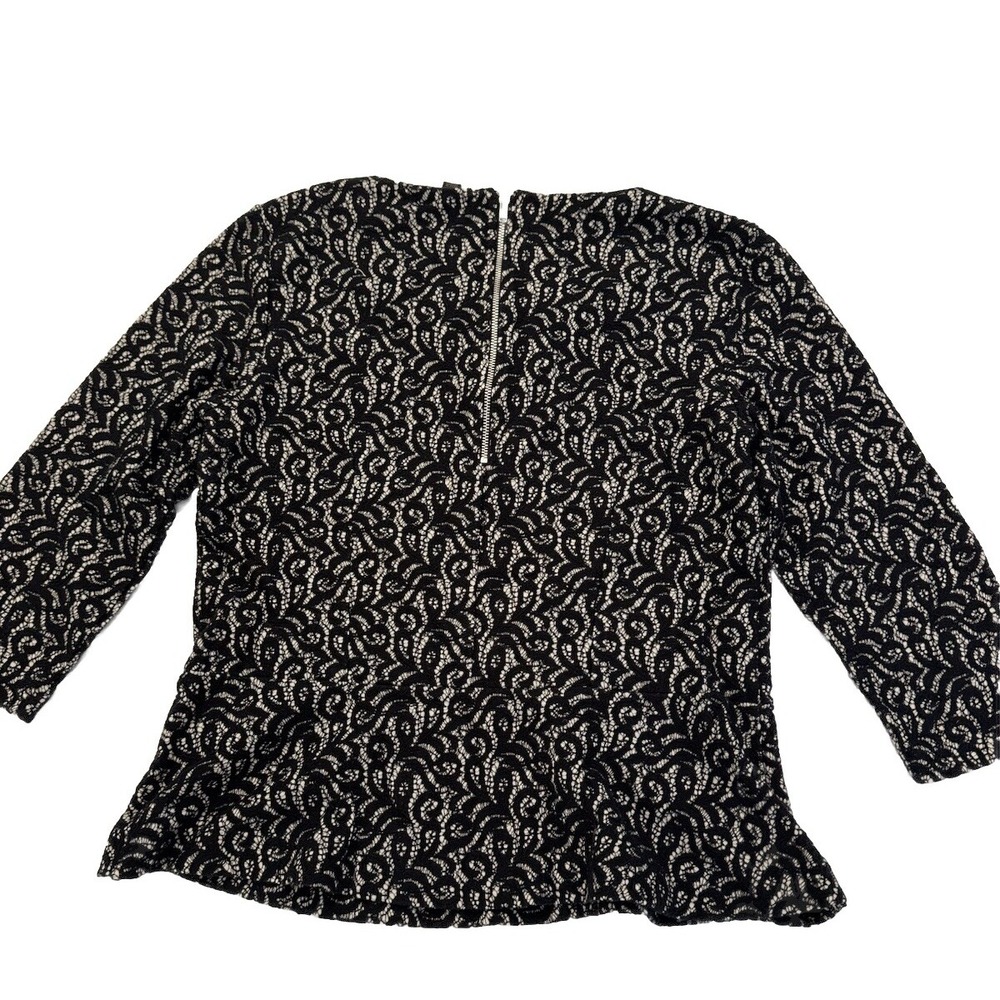 J Crew Size Medium Black & White Lacey Blouse 3/4 Sleeves Waisted Zipper Back - Picture 2 of 11